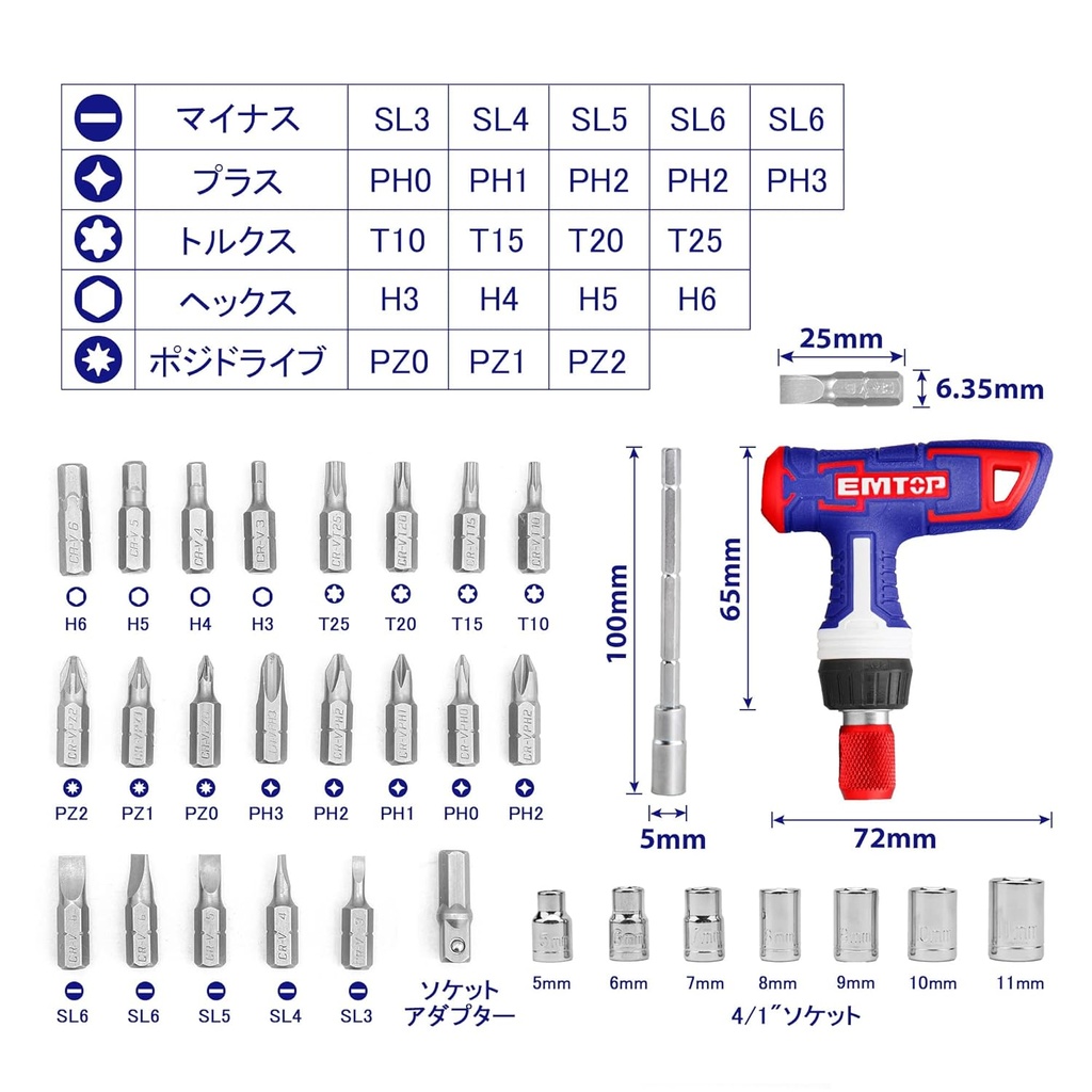 31PCS T HANDLE SCREWDRIVER SET EMTOP (EBST03102)